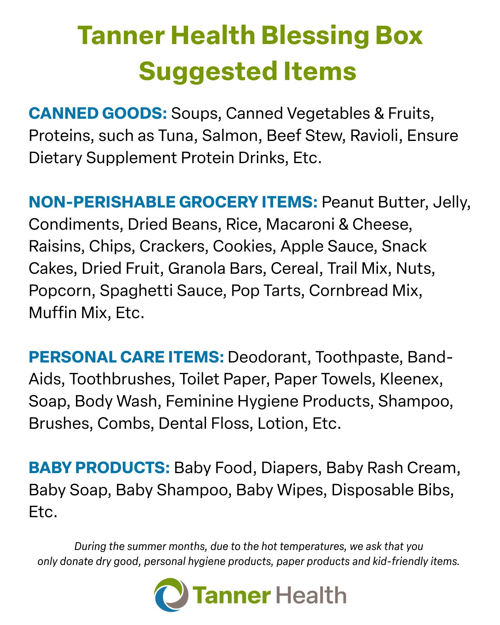 Tanner Health Blessing Box Suggested Items Image